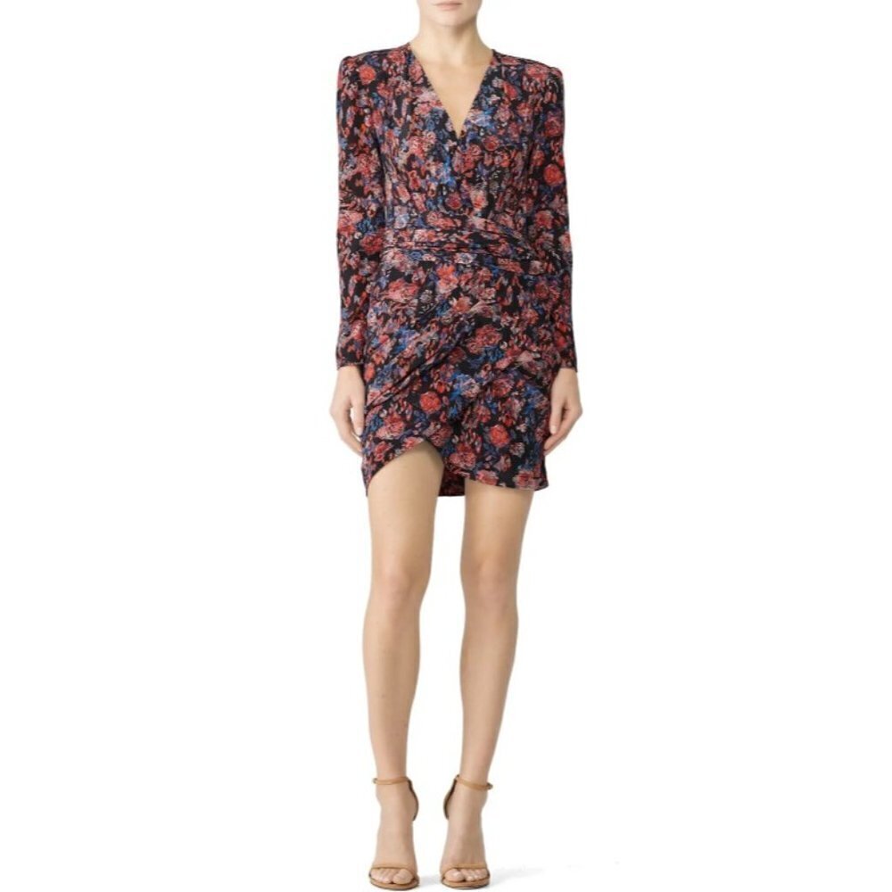IRO Floral Fling Sheath Silk Long Sleeve Ruched Mini Dress Size 40/8